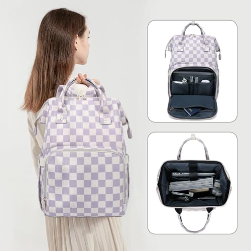 Laptop Backpack for Women, Corduroy College School Backpack Bookbag 15.6 inch Business Computer Travel Backpack (Checkered Purple)2