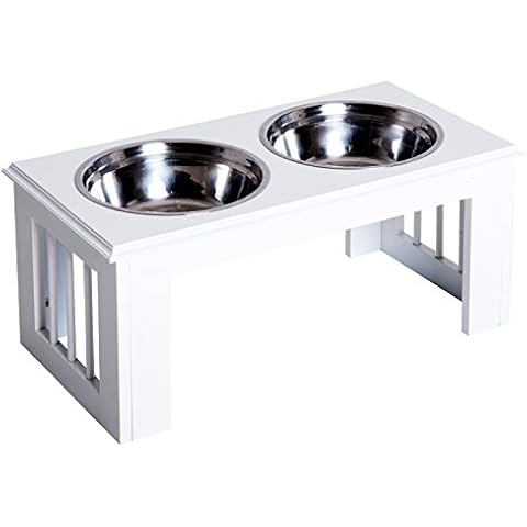 Pawhut Stainless Steel Pet Feeding Bowl Raised Elevated Twin Dog Bowls Water Food Feeder 58.4L x 30.5W x 25.4H cm - White Cover