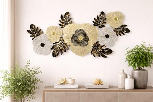 Image of F-RIQA METAL Luxury 3D Metal Wall Art - Golden & BLACK Floral Design | Modern Handcrafted Wall Sculpture for Living Room, Bedroom & Office | Iron Wall Decor Frame (42 x 20 Inch) (GOLD LEAF)