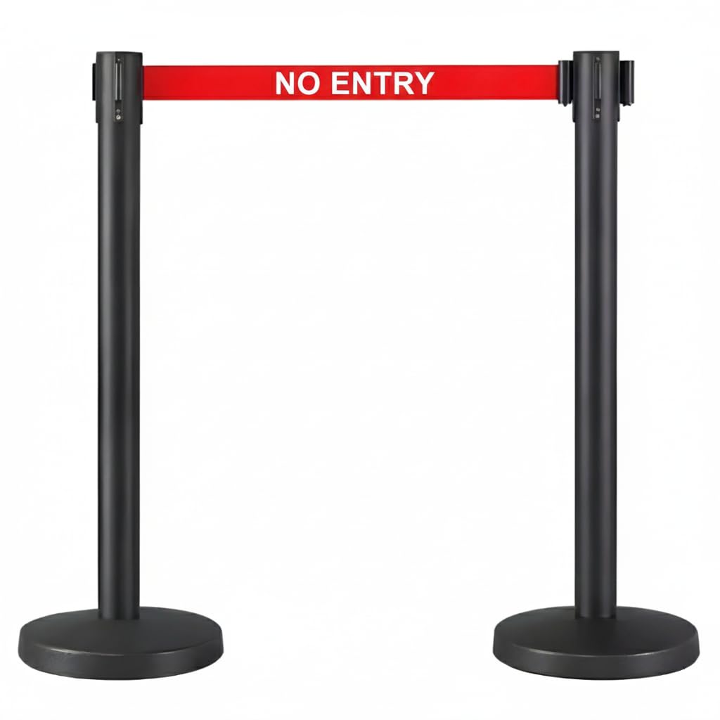 Retractable 3m Belt Barriers Twin Pack - Heavy-Duty Steel Stanchion for Queue & Crowd Control - Freestanding Durable Retractable Safety Barrier (Black Post, Red No Entry Belt)