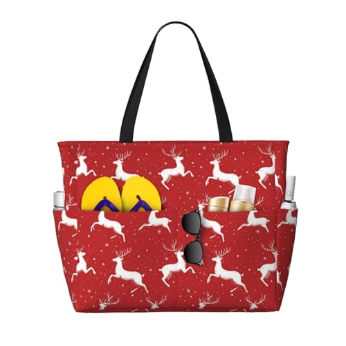 Large Beach Bags for Women Sandproof - Running Deer Red Print Summer Travel Work Tote Bags with Zipper