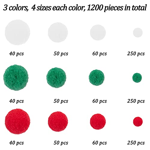 BQTQ 1200 Pieces Christmas Pom Pom Mini Craft Pom Pom Balls Fluffy Pom Pom for Craft Making and Christmas Decorations (3 Sizes, White, Green, Red) - Thumbnail 2