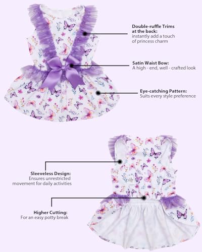 Image of CuteBone Purple Butterfly Floral Pet Dress for Small Dogs, Cats - Ruffled Sleeves - Lavender Satin Bow - Spring Garden, Photo Dress