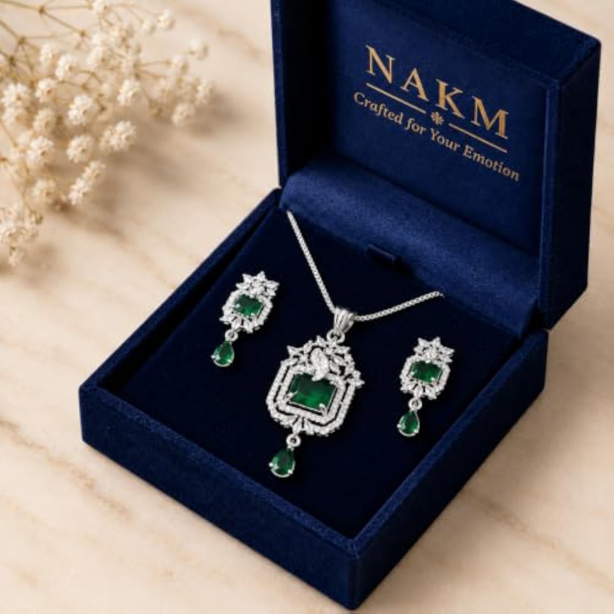 Green Stone Pendant Set with Earrings and Artificial Diamond, Elegant Gift
