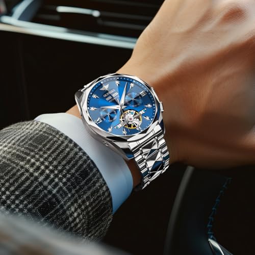 Image of OUPINKE Men's Watches Automatic Self-Winding Luxury Diamond Mirror Skeleton Mechanical Watch Date Dress Business Tungsten Steel Waterproof Luminous Wrist Watches for Men