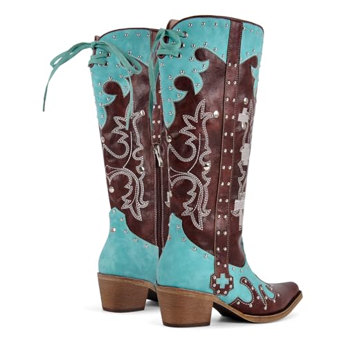sexytag Embroidered Cowboy Boots Knee High Studded Two-Tone Pathwork Cowgirl Boots Wide Calf Low Heel Pointed Toe Side Zipper Back Lace Up Western Boot3