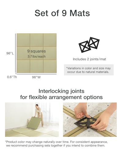 Image of FULI Japanese Square Tatami Mat, 32x32x0.6 in, Natural, 9 Pieces, Igusa