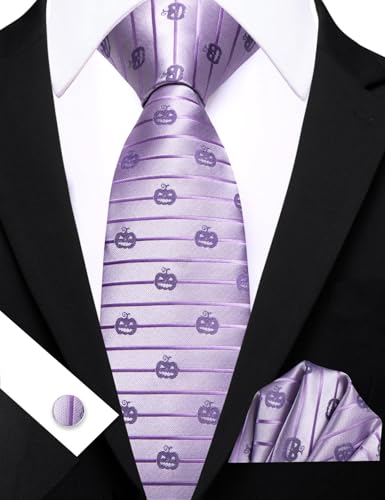 Image of Barry.Wang Man Tie Sets Pumpkin Extra Long Necktie Silk Woven Handkerchief Cufflinks Festival Party Gift Lilac