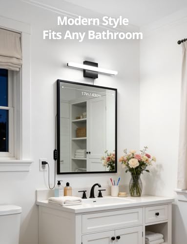 Image of Combuh Black Plug in Vanity Light Bar Corded for Bathroom Lighting Fixture No Wiring, 16Inch 5 Colors Adjustable Dimmable Modern Bright Daylight Mirror Lamp for Wall Dressing Room Makeup (with Plug)