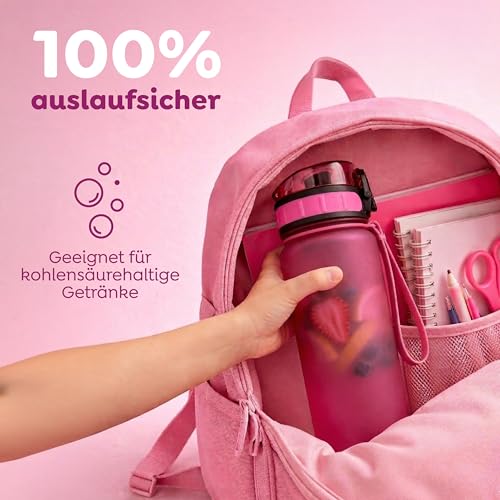 Sweety Fox Trinkflasche Kinder Kohlensäure Geeignet 500ml, Pink - Trinkflasche Sport 100% Auslaufsicher & Wasserflasche Spülmaschinenfest 6