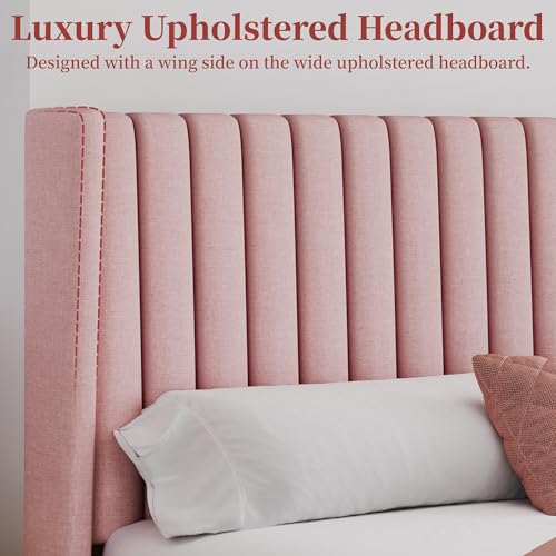 Image of Yaheetech Queen Bed Frame with Headboard,Pink Channel-Tufted Platform