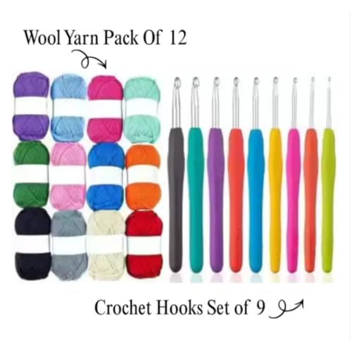 Image of KHUSHA CREATIONS Wool Yarn Pack of 12 with Crochet Hooks Set of 9 | Multicolor Knitting Yarn Oon Balls with Ergonomic Crochet Needles | DIY Crochet Knitting Kit for Beginners, Crafts & Hobby Projects