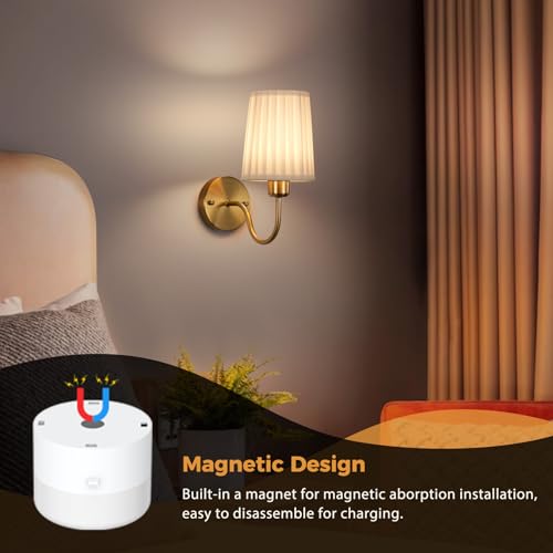 Image of Battery Operated Wall Sconce Set of Two, Wireless Wall Sconces with 10000mAh Dimming Magnetic Bulb, Rechargeable Wall Sconce with Pleated Fabric for Bedroom Living Room Gallery Hallway, Gold