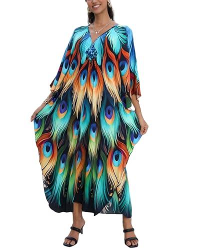 Image of IMAGEKOPE Women's Plus Size Animal Print V-Neck Batwing Kaftan Beach Dress Bathing Suit Cover-Up Loungewear