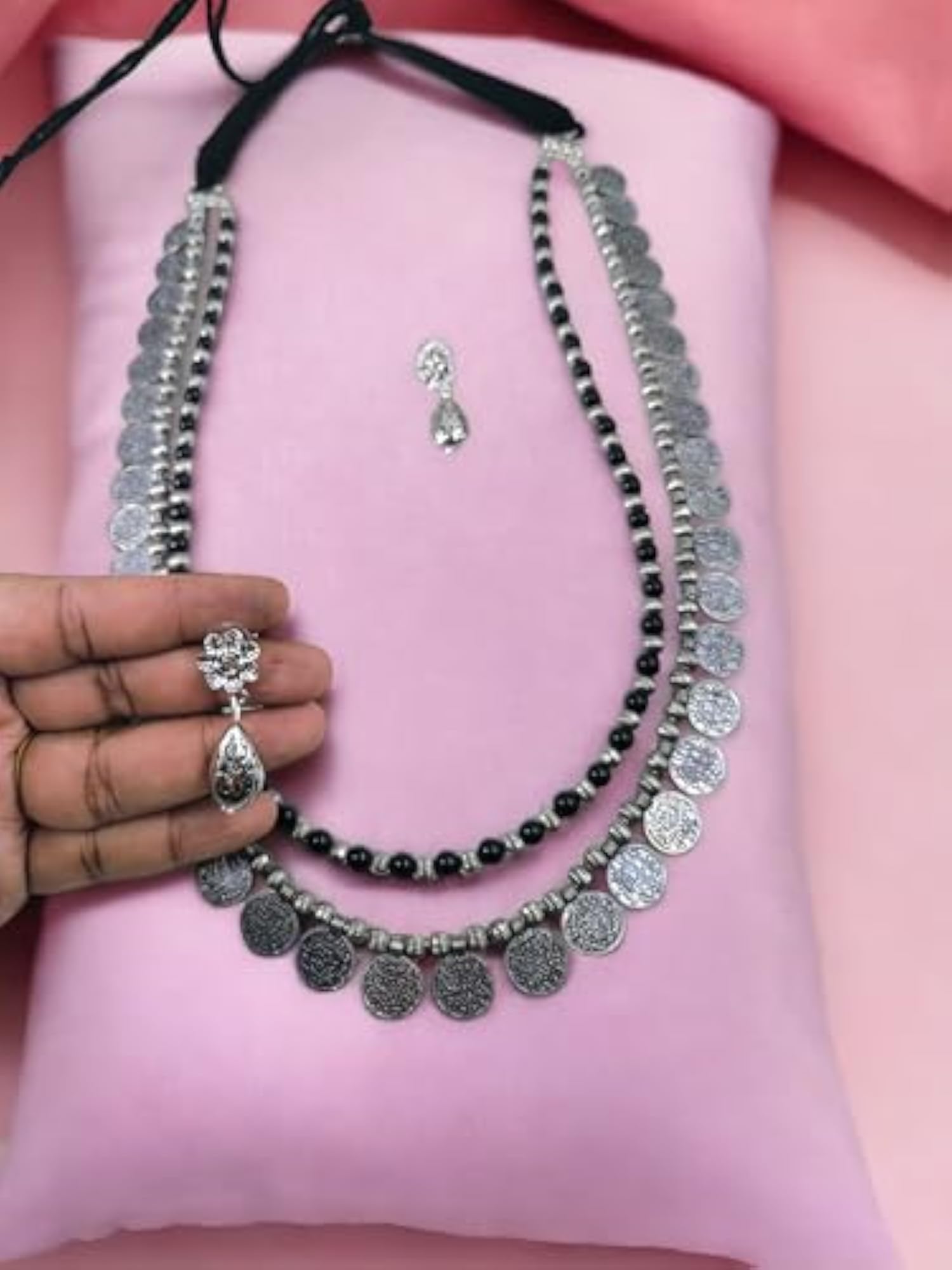 Oxidised Silver Layered Coin Necklace with Drop Earrings Set