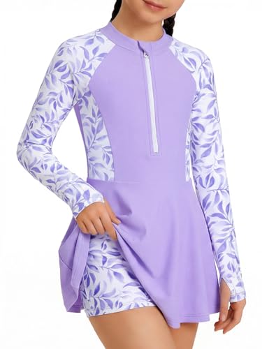 Image of HOZIY Girls Long Sleeve Swimsuit Two Piece Rash Guard Dress with Swim Shorts Front Zip for Kids Tween Teens UPF 50+