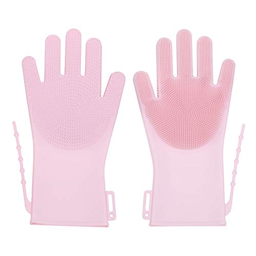 Preisvergleich Produktbild Magic Silikon Geschirrspülhandschuhe, Schrubben, Reinigungshandschuhe mit Schrubber für Arbeitseinsparung und saubere Küche Geschirrspülen und Haustierpflege-Baden rose