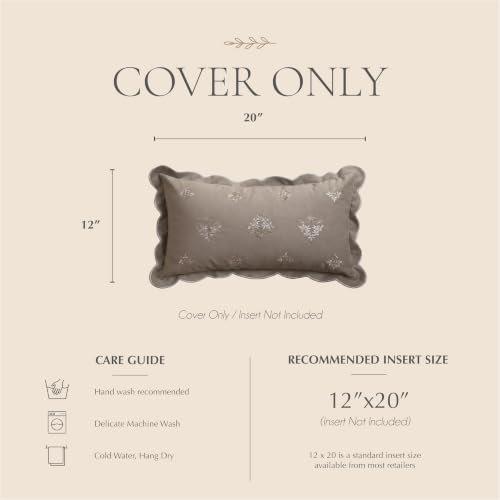 BlissBlush Lumbar Pillow Cover 12x20, Taupe Velvet Decorative Lumbar Pillow Cover, Floral Accent Cushion Cover with Embroidery and Scalloped Edge for Couch Sofa Bed, Cover ONLY - image 2