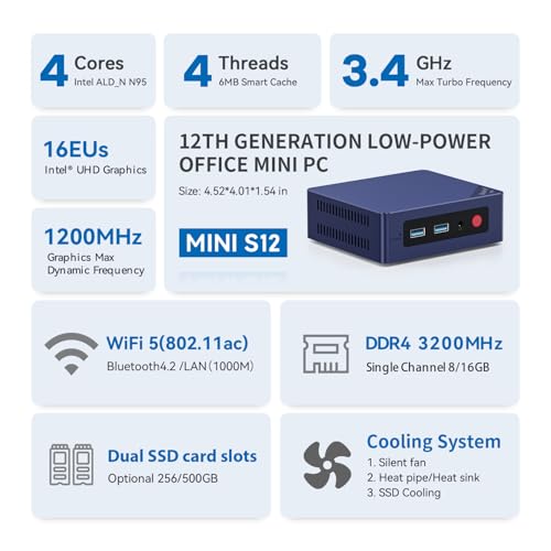 Beelink Mini PC, Mini S12 Pro Intel 12th Gen 4-Core N100(up to 3.4GHz), Mini Computer 16GB DDR4 RAM 500GB SSD, Desktop PC Dual HDMI 4K UHD/Gigabit Ethernet/WiFi6/BT5.2/HTPC