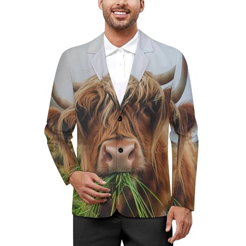 Cute Highland Cow Eating Wildlife Men's Suits Dress Business Formal Suit Print Jackets Coat For Wedding Party