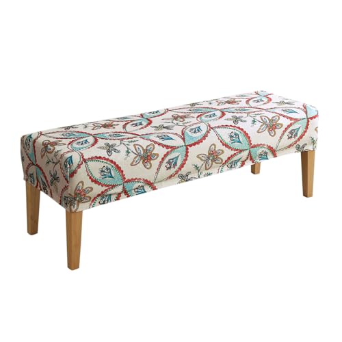 Image of HOKIPO Premium Printed Velvet Stretchable Dining Bench Slipcover, Beige Persian Garden (AR-5798-D9)