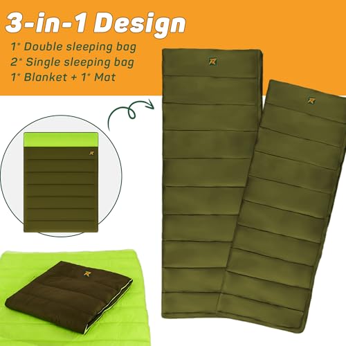 Image of Rocksport Double 2 Person Camplite Rectangular Sleeping Bag I +8 Degree C to +20 Degree C for Camping, Hiking, Indoor & Outdoor, Warm Sleep Bag l Free Adventure Pass (Yellow - Army Green)