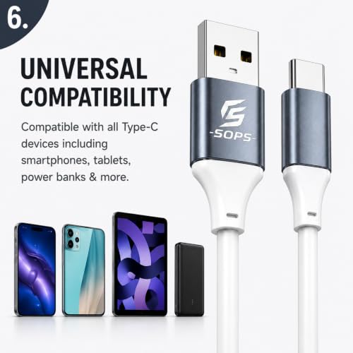 Image of 33W USB to Type C Fast Charging Cable, 3A USB A to USB C Charger Cable, High Speed Data Sync, Durable TPE, Reinforced Metal Connectors, 1 Meter, Phantom Black White