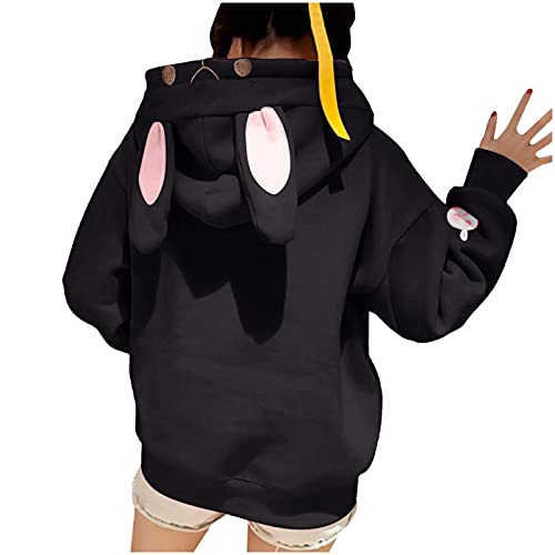 PAIDAXING Sudaderas con capucha para mujer, kawaii, con orejas de conejo, con cordón, con bolsillo, cómoda, de gran tamaño, para mujeres y niñas, ropa de calle, cosplay, Costumum, A#1-negro, M