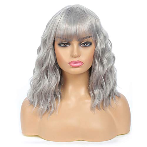 Ladyrite 12'' Synthetic Curly Bob Wig with Bangs Women's Shoulder Length Wavy Wigs with Bangs Natural Heat Resistant Fiber Hair Wigs for Daily Party Cosplay Black-Gray