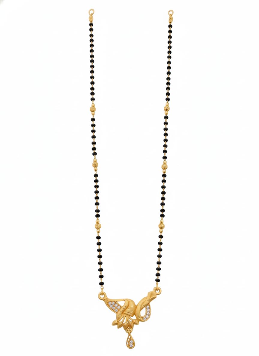 Gold Plated Black Bead Mangalsutra with Peacock Pendant and AD Stones-image-48