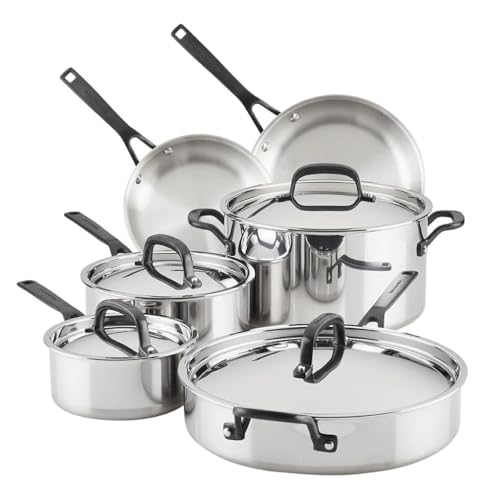 KitchenAid Stainless Steel Cookware Induction Pots and Pans Set, 10-Piece | polished steel, versatility, 5 ply stainless steel cookware set, oven safe to 500Â°F, cooking pots and pans set, pot and pans - image 1