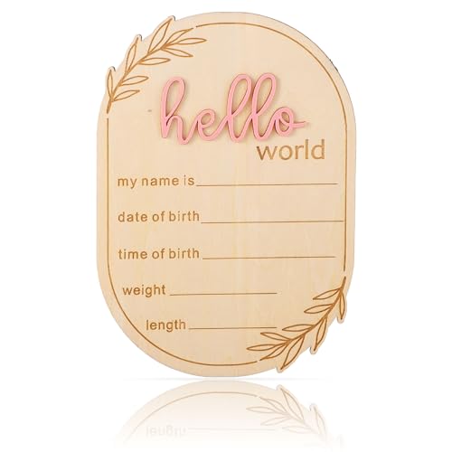 Image of Baby Announcement Sign, 5.91x4.13in Hello World Wooden Newborn Name Sign for Birth Photo Props Baby Shower Hospital Nursery Decor Personalized Birth Keepsake (Pink)