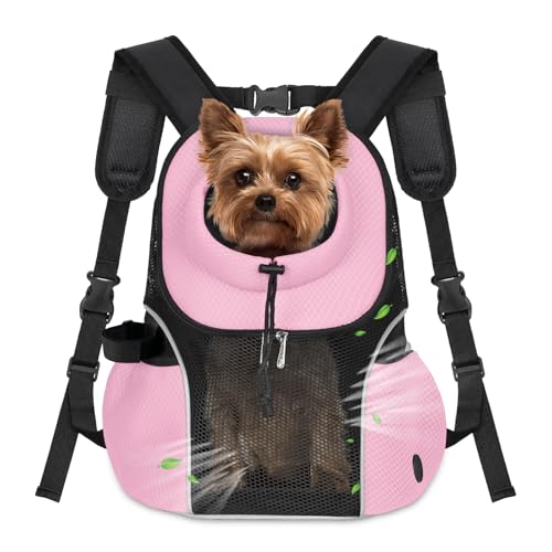WOYYHO Pet Dog Carrier Backpack Small Dog Front Backpack Ventilated Mesh Dog Travel Back Pack with Safety Belt for Travel Hiking Cycling Outdoor Adventures (Size L: 10-14 lbs, Pink)
