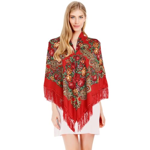 Katutude Women's Oversize Tassel Shawl Scarf Wraps Traditional Floral Print Poncho Shawl Lightweight Scarf, 63" x 63"3