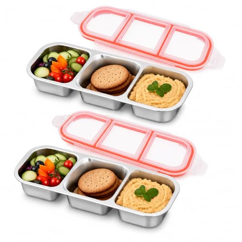 Image of Pack of 2 Stainless Steel Lunch Box 700 ml | Airtight Leakproof 3 Compartment Tiffin Box for Kids & Adults | Food Storage Container for School, Office, Picnic, Meal Prep