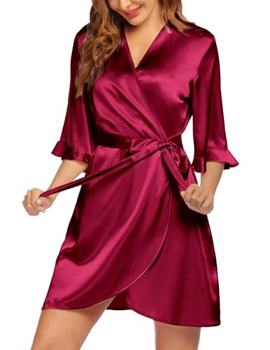 Image of Ekouaer Women's Satin Robe Valentines Lingerie for Women Kimono Bathrobe Short Ruffle Belted Robes Bridesmaids Sleepwear