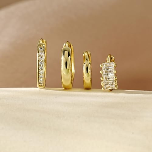 Image of 4Pairs Statement Gold Hoop Earrings for Women Trendy,Surgical Steel Gold Plated Hoop Hypoallergenic Earrings Set,Titanium Hoops Earring Stacks,CZ Cartilage Huggie Hoops Earring Gifts for Girlfriend