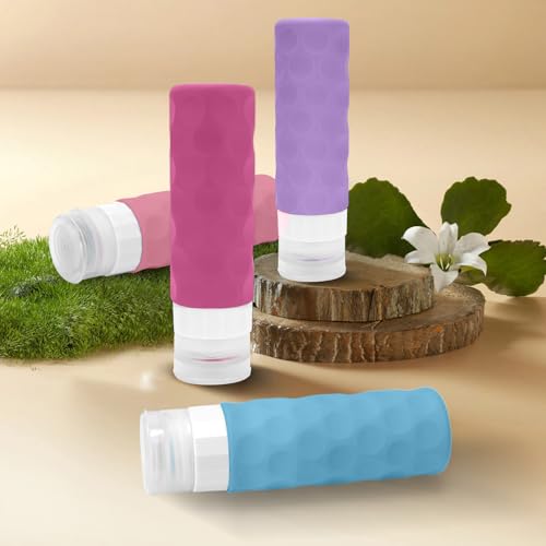 Image of Silevoler Travel Bottles for Toiletries, 4pcs Tsa Approved 3oz Travel Size Containers, BPA Free Leak Proof Premium Silicone Bottles, Refillable Liquid Squeezable Accessories W /Toiletry Bag (Vibrant)