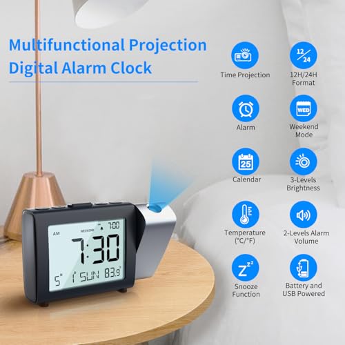 Image of Projection Alarm Clock for Bedroom: Digital LCD Clock with Temperature Date Snooze 12 /24H and Weekend Mode, Easy Set Dimmer Clock with 2-Levels Volume, Mains and Battery Operated (Blue)