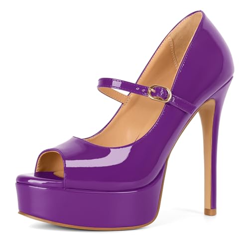 Image of SAMMITOP Women's Peep Toe High Heels Platform Stiletto Pumps Patent Mary Jane Heels 5.5 inch Party Wedding Dress Shoes