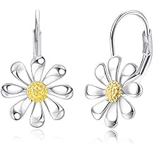 MILACOLATO 925 Sterling Silver Daisy Earrings 18K White Gold Plated Leverback Earrings Daisy Flower Drop Dangle Earrings Hypoallergenic Flower Jewelry Gifts for Women for Sensitive Ears Valentines Day Mothers Day Jewelry Gifts