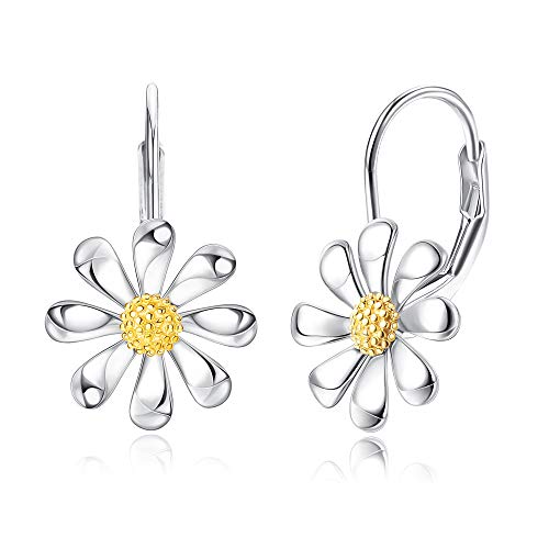 MILACOLATO 925 Sterling Silver Daisy Earrings 18K White Gold Plated Leverback Earrings Daisy Flower Drop Dangle Earrings Hypoallergenic Flower Jewelry Gifts for Women for Sensitive Ears