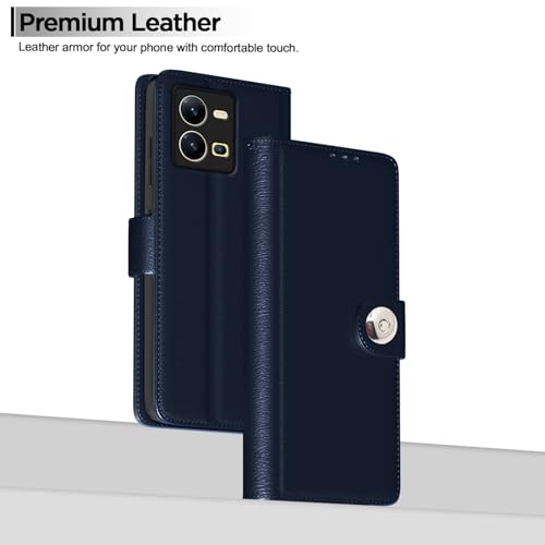 Image of Pikkme Flip Cover Leather Finish | Inside TPU with Card Pockets | Wallet Stand and Shock Proof | Complete Protection Button Flip Case for Vivo V25 5G (Blue)