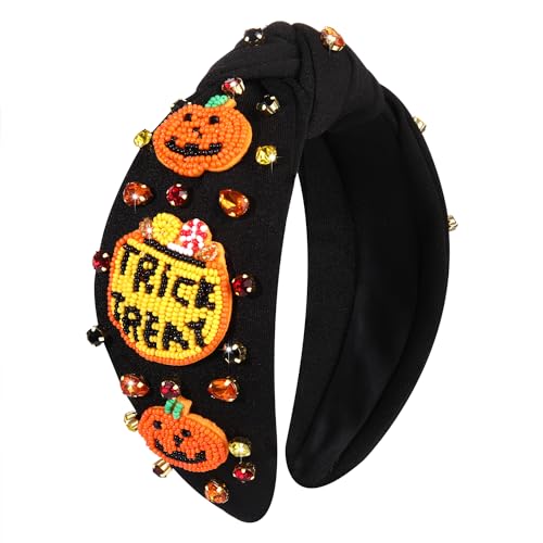 CEALXHENY Halloween Headbands for Women Beaded Boo Trick or Treat Knotted Headband Embellished Rhinestone Pearl Top Knot Headbands Halloween Accessories Costume Party Hair Accessory