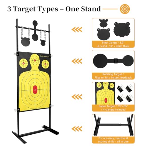 Danoib 3-in-1 Adjustable Shooting Target Stand – 68'' Height, Base Width Adjustable 17'' to 32'', with Rotating Target, Hanging Gong & Paper Targets Holder for Pistol, .22LR, Airgun, BB Gun by Danoib - Image 2