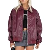 Barley Direct Women Oversized Leather Jacket Zip Up Motorcycle Bomber Coats Faux Pu Leather Moto Jacket Trendy Fall Winter Outwear(Burgundy,Medium)