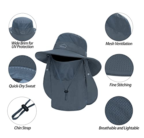 Fishing Hat For Men, Outdoor 3 In 1 Sun Hat Summer Wide Brim Safari Hat Boonie Hat With Neck Flap Dark Grey #TOP2