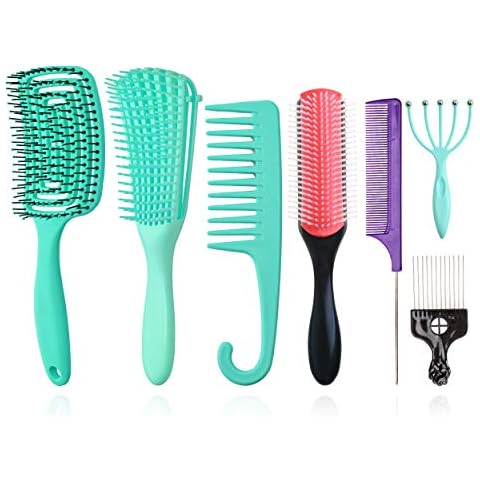 Detangle Brush Set mit8,9-reihigen Kissen Nylon Borsten Shampoobürste/Vented Styling Haarbürste/Metal Pick Comb/Massagekämme/Haarkämme zum Trennen Cover