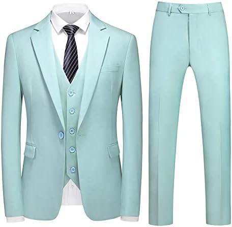 MOGU Mens 3 Piece Dress Suit Slim Fit One Button Side Vents Tuxedo Blazer 36/ Pants 32 Mint Green