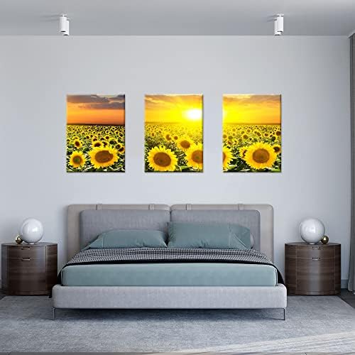 Sunflower Wall Art Canvas Decor - For Indoor Modern Home Decoration Prints Framed Set of 3 Pieces Sunflower Painting Yellow Pictures Artwork Decor for Bathroom Living Room Bedroom Kitchen 12x16 Inches